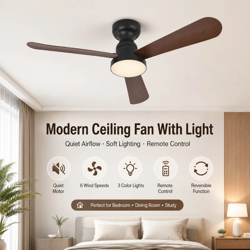 28 35 42 Inch Ceiling Fan with LED Light Remote Control Quiet Wood Grain Blades for Bedroom Dining Room Home Ceiling Fan Light
