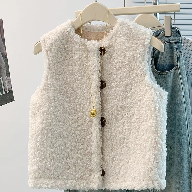 

Женский зимний новый свободный жилет из овечьего меха, теплая многослойная верхняя одежда из смеси хлопка и полиэстера с пуговицами