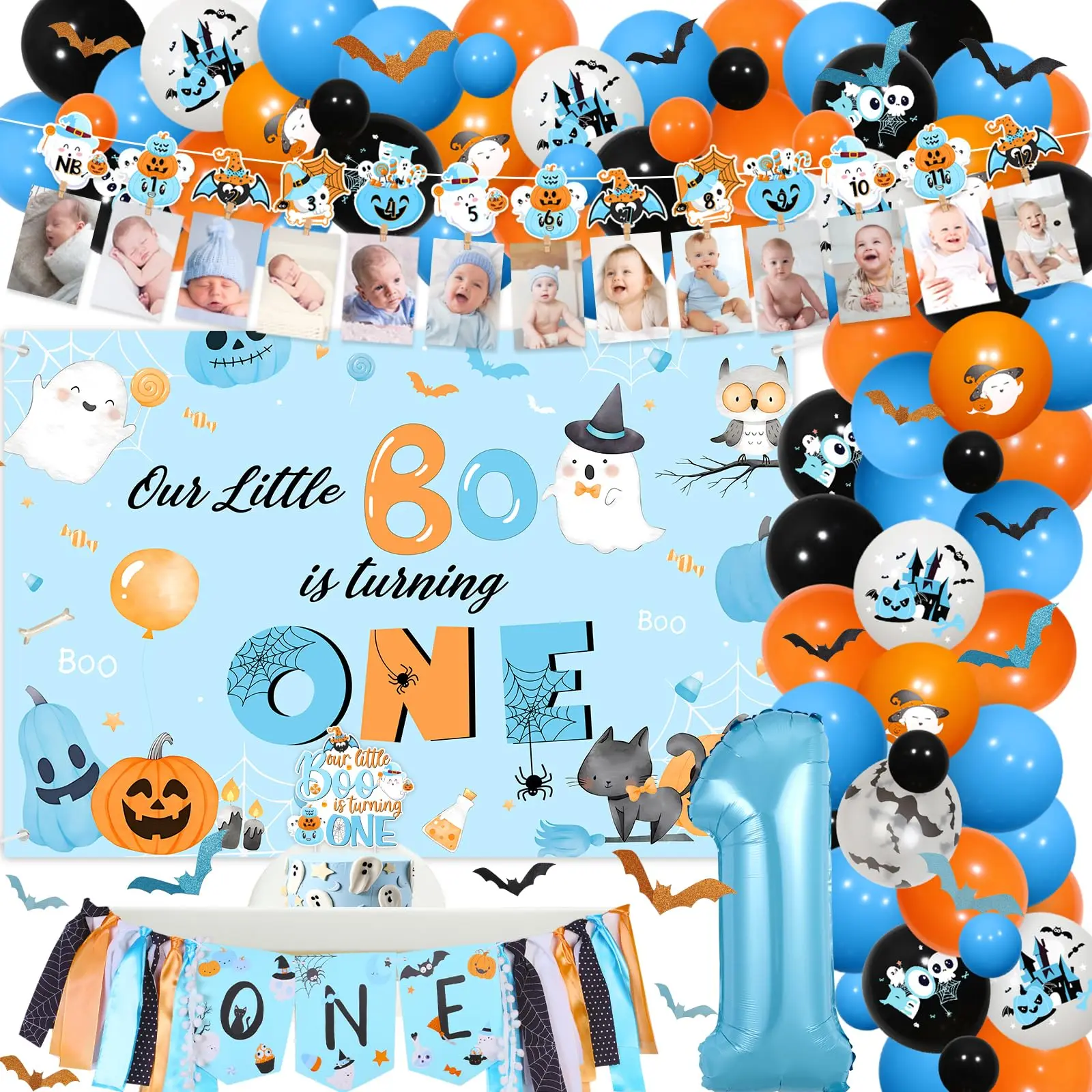 

Fangleland Halloween 1st Birthday Party Decorations Blue Our Little Boo is Turning One Backdrop High Chair Banner Foil Balloon