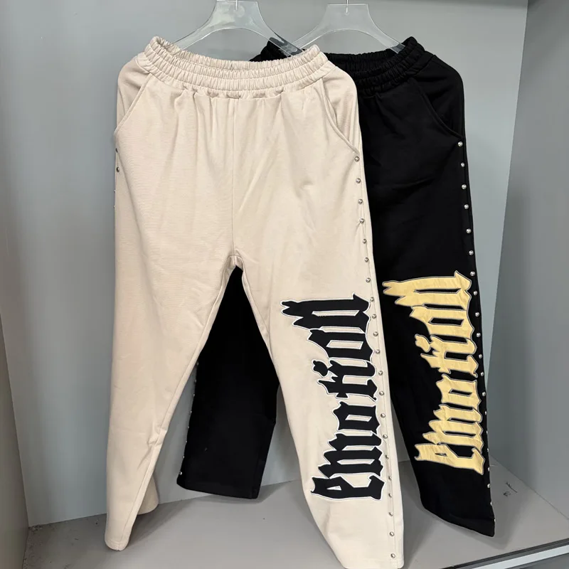 

Real Photo High Quality MIXED EMOTION Trousers Personality Rivet Hip-hop Trend Patchwork Embroidery Mixed Emotion Sweatpants