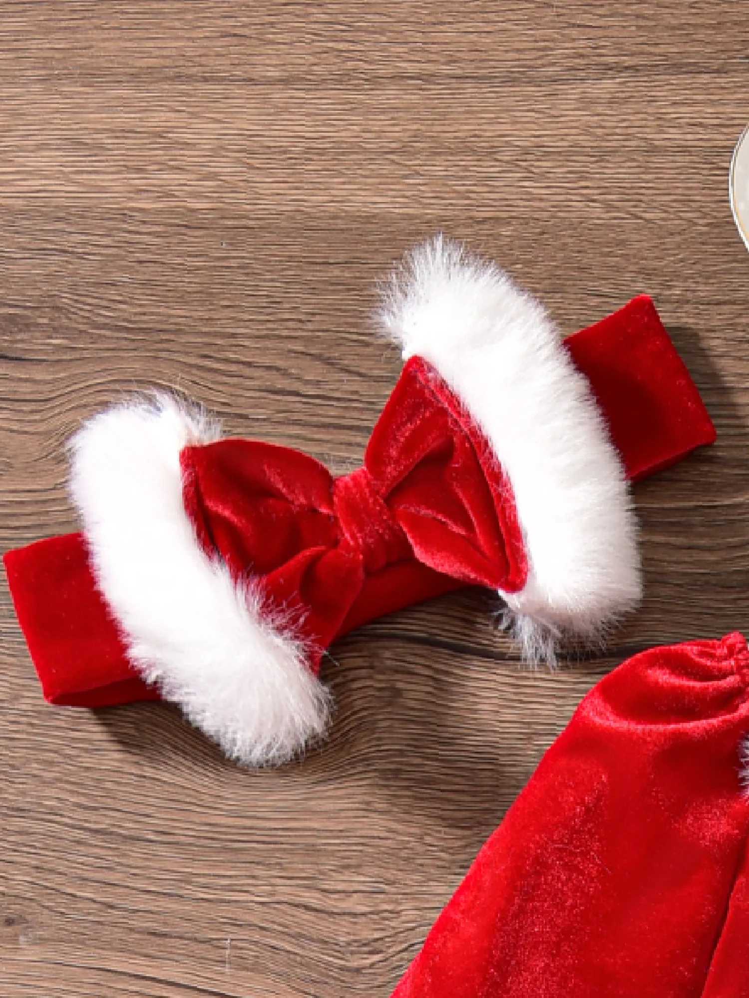 

Baby Girl Christmas Santa Costume Plush Patchwork Long Sleeve Round Neck Top Elastic Waist Flare Pants Headband Set