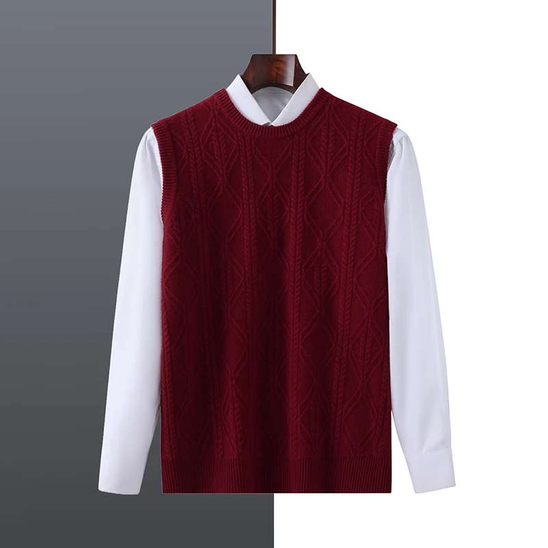 Men's O-neck Knitted Sleeveless Head Vest Sweater New Arrival Autumn and Winter 100% Pure Wool Casual Fashion Tank Pullover Top