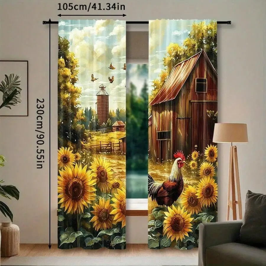 2pcs Rustic Farmhouse Sunflower Rooster Window Curtains Polyester Pongee Rod Pocket Light Filtering