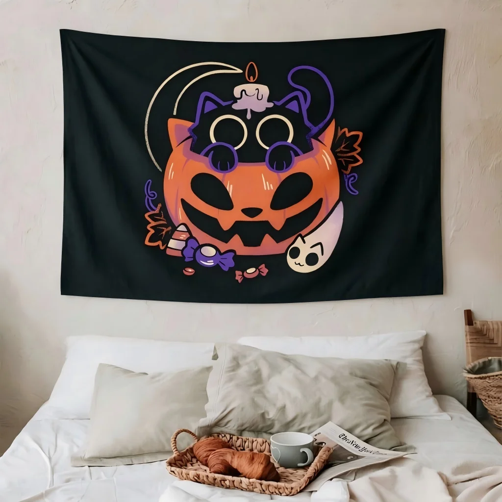 Halloween Pumpkin Black Cat Tapestry Cute Ghost Candy Candle Wall Hanging Spooky Kawaii Aesthetic Holiday Bedroom Dorm