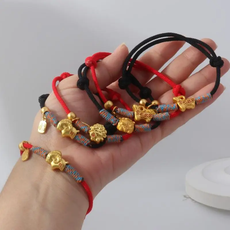 Verstellbares Zodiak-Ziegen-Armband, vergoldeter Charm, geflochtenes Seilarmband, chinesische Perlen, Damen, Neu – Detail 6