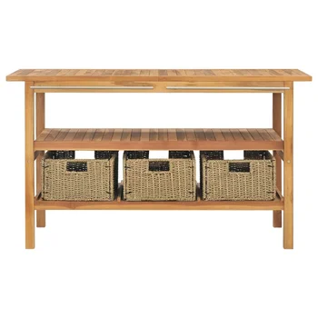 Bathroom Vanity Cabinet Wood Teak Standing Storage Cabinet with 3 Seagrass Baskets 132x45x75 cm