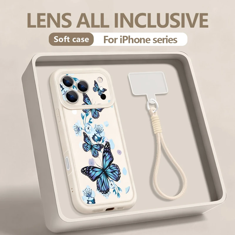 

Чехол для телефона с синим принтом бабочки и ремешком для iPhone 17 Pro Max, Air 16E, 16, 14, 15 Pro, 12, 13 Pro Max, 11 – Мягкий чехол из ТПУ с ремешком на запястье