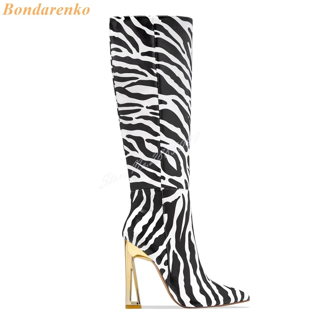 Zebra Printed Metal Heels Boots Pointy Toe Strange Style Knee High Boots Side Zipper New Style Women Shoes Winter Party Designer