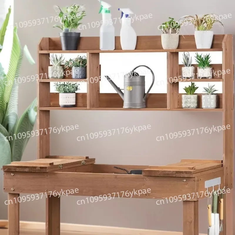 Outdoor Potted Plant Workbench Garden Work Table Pushable Drawer Wooden Gardening Solid Wood Tool Rack