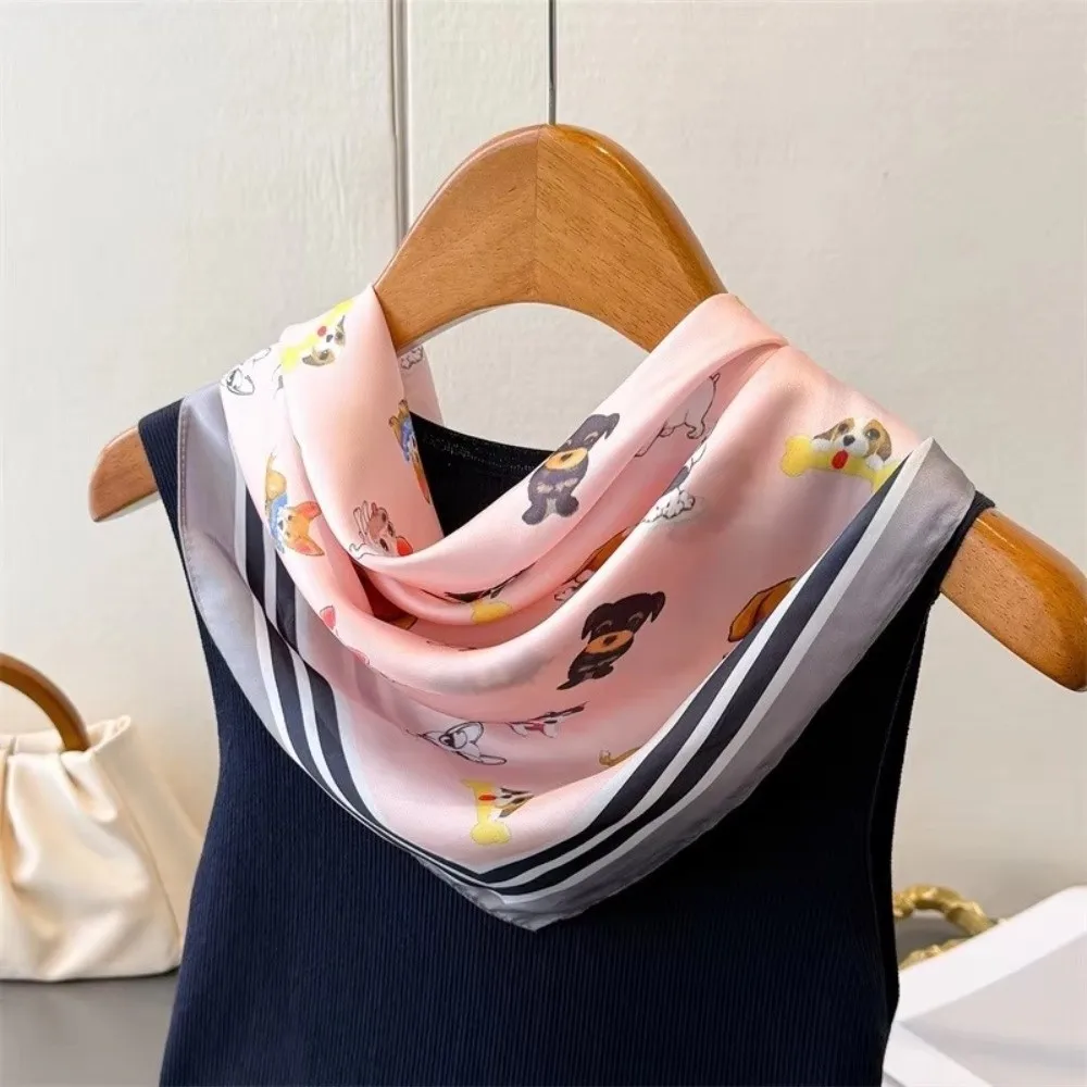 New 70x70cm Women Square Scarf Soft Silk Satin Cartoon Dog Print Silk Scarf Hijab Women Daily Wear