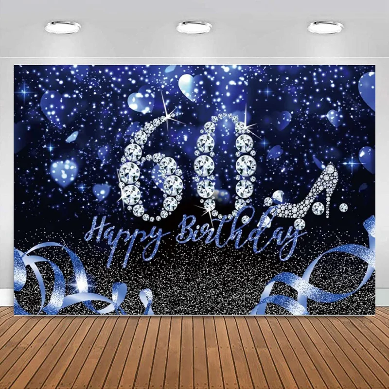 Happy 60th Birthday Photography Backdrop Blue Heart Shiny Star Background High Heel Glitter Diamonds for Party Banner Decoration