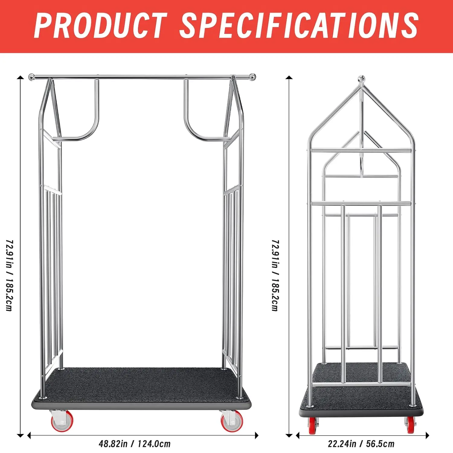 48 * 22IN Hotel Luggage Cart with Wheels,1200 lbs Load Capacity Heavy Duty Rolling Luggage Cart,Commercial Bellman Cart