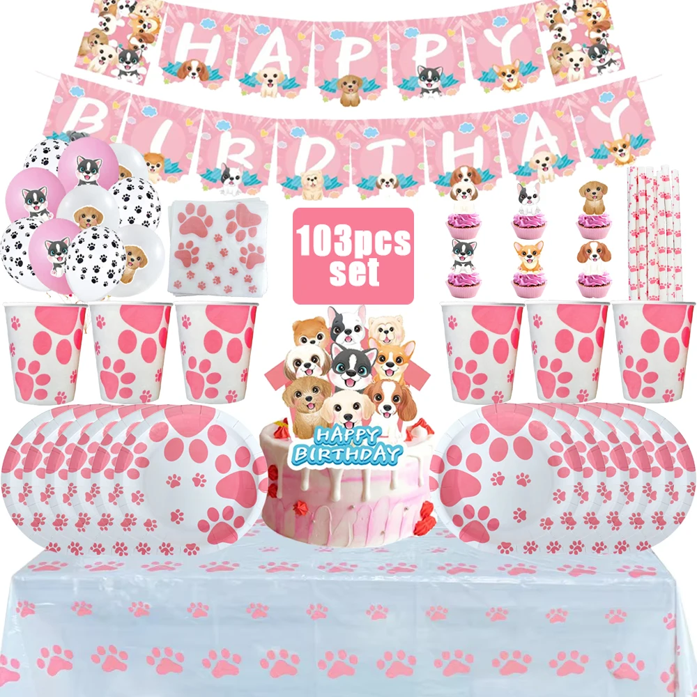 Pink Dog Paw Birthday Party Decor Disposable Tableware Gift Bag Backdrop Cake Topper Banner Plate for Kid Girl Party Supplie Set