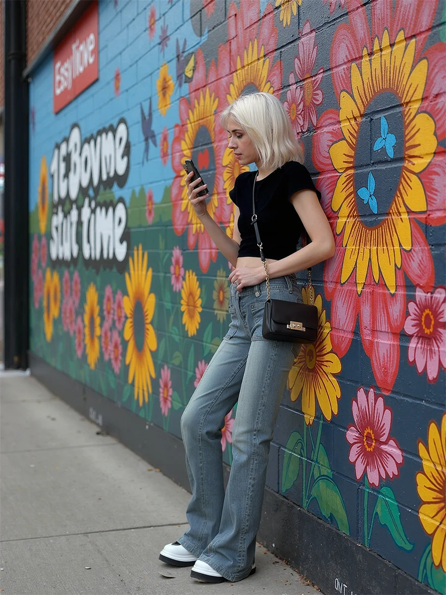 Flare slanke skinny vloerjeans dames uitlopende been fit hoge taille baggy patchwork geplooide vintage geborduurde blauwe zak