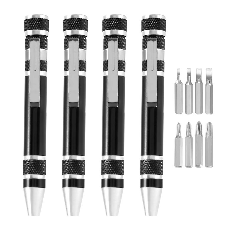 4 Pcs Pen Screwdriver Handy Tool Eight in One Magnetic Pocket Screwdriver Multi-Function Mini Gadgets Repair Tools (Black)