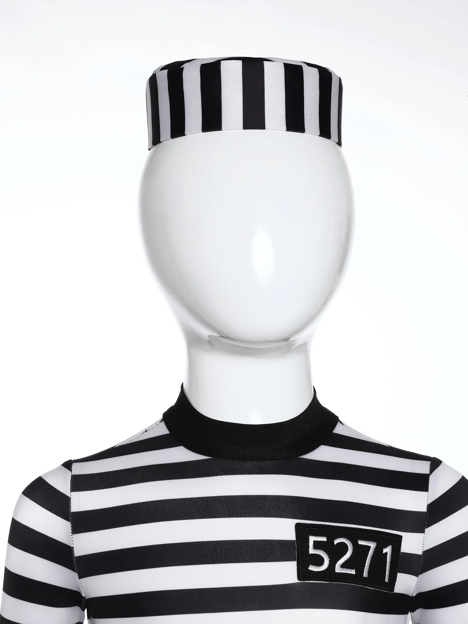 Kids Girls Stripes Prisoner Halloween Costume Cosplay Party Dancewear Set Long Sleeve Jumpsuit with Waist Belt and Convict Cap