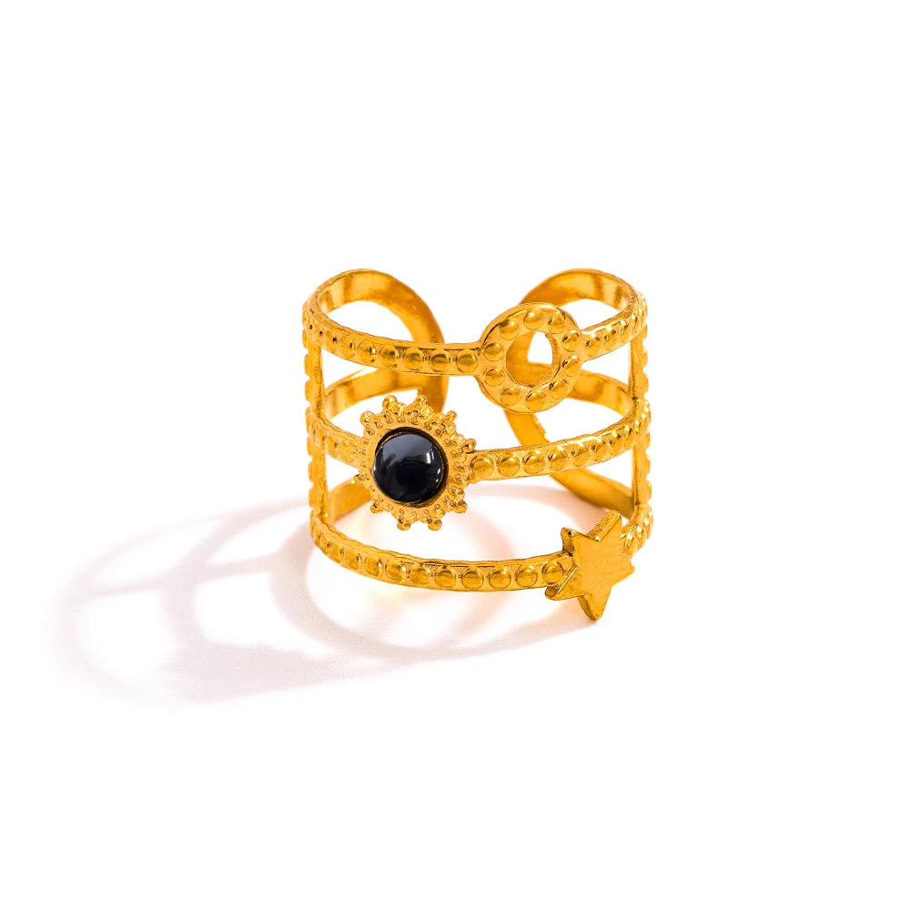 الحجر الطبيعي 18K الفولاذ المقاوم للصدأ الجمشت الحجر الأحمر الأخضر اليشم حجر عين النمر الأزرق الحجر الرملي الكريستال على شكل نجمة حلقة مفتوحة