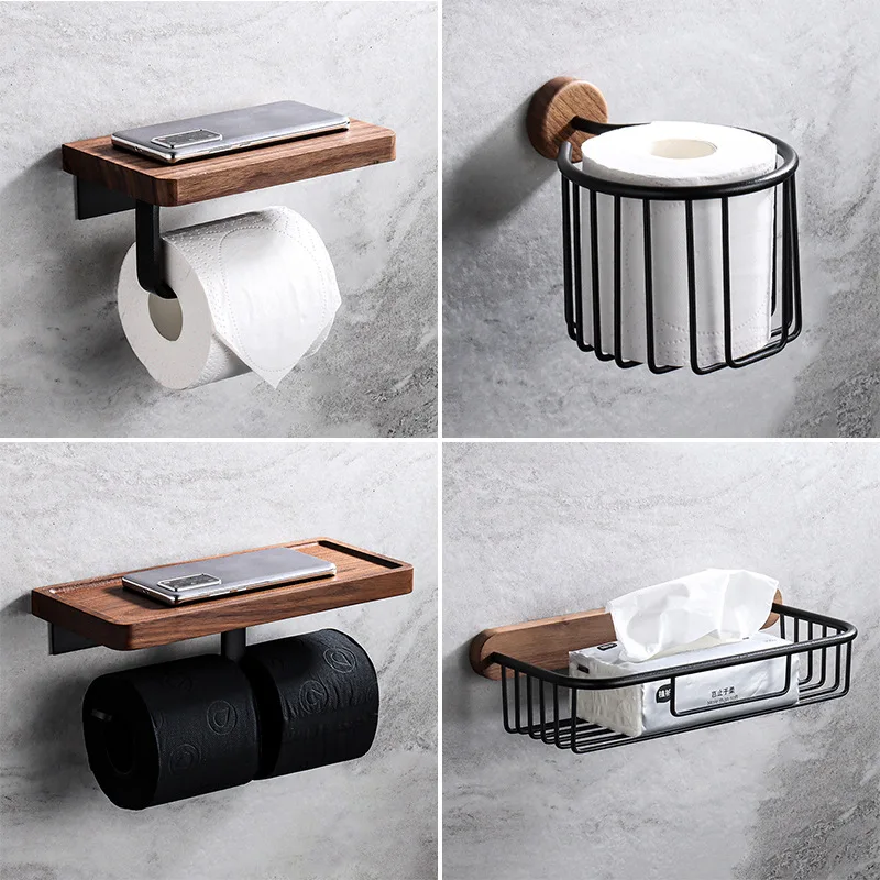 No Punching Creative Solid Wood Tissue Holder Black Walnut Roll Paper Shelf  Toilet Paper Box Toilet Phone Storage Rack