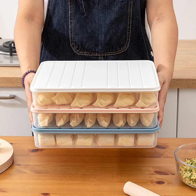 Freezer Food Container Bins with Lid Stackable Rectangular Non-Stick Dumplings Kitchen Pantry Storage Box Microwave Safe Bottles