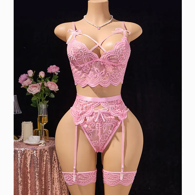 Sweet Pink Pajama Set Suspender Suit Summer Thin Underwear Lace Thong Sets Women's Sexy Pyjamas Lingerie Breathable Sleepwear