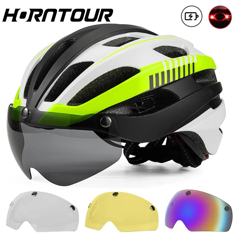 

Horntour Ultalight Cycling Helmet with Magnetic Goggles Safety Rechargeable Taillights Road MTB Bicycle Helmet for Men Women
