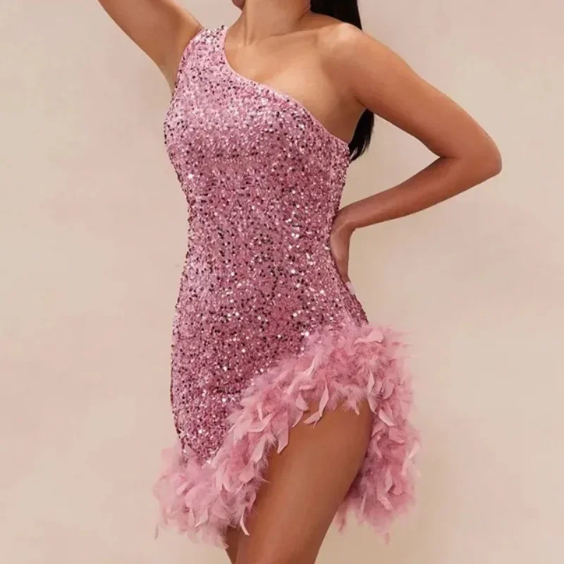 

GUWU Sequins One Shouldler Sleeveless Feather Hem Bodycon Mini Women Dress Fashion Even Vestidos Sexy Party Club Dresses