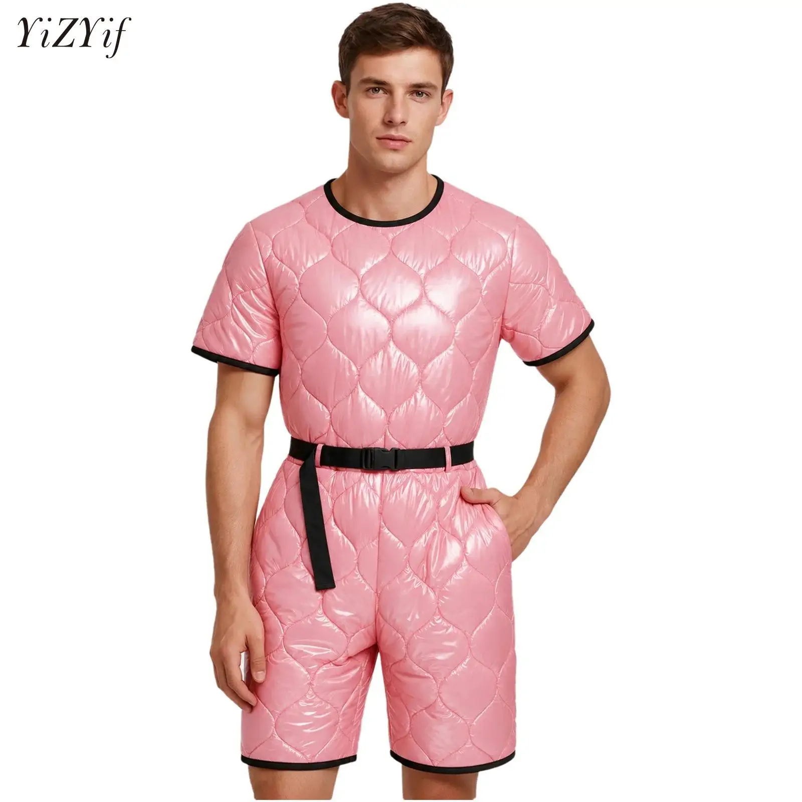 Men Womens Water Resistant Padded Jumpsuit Short Sleeve Back Zipper Thigh Length Bodysuit with Adjustable Belt Rave Clubwear