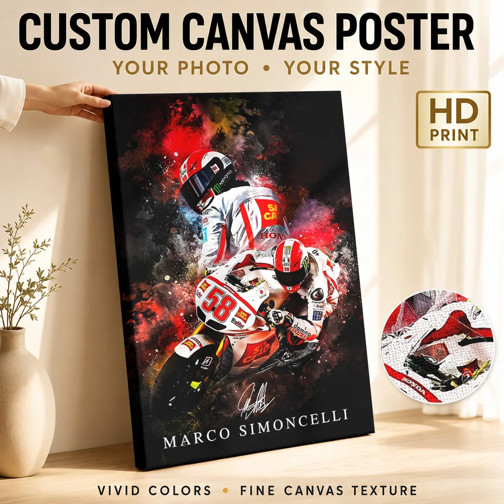 Marco Simoncelli Motorcycle Racing Framed Canvas Print Poster Custom Photo Retro Automotive Canvas Wall Art for Man Cave Decor