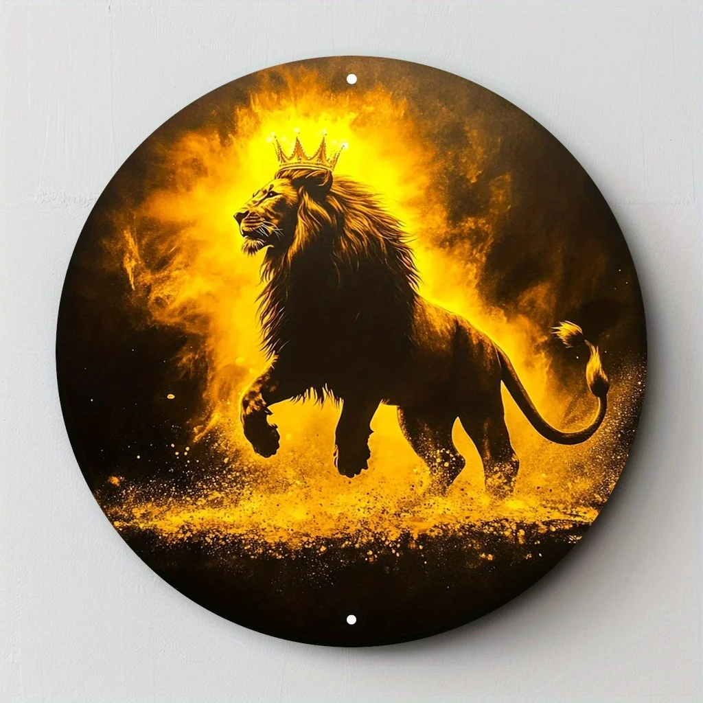 2D Flat, 1pc Realistic Lion King Metal Wall Art Sign - 20x20cm Iron Lion with Crown, Golden Mane, and English Text, Indoor/Outdo