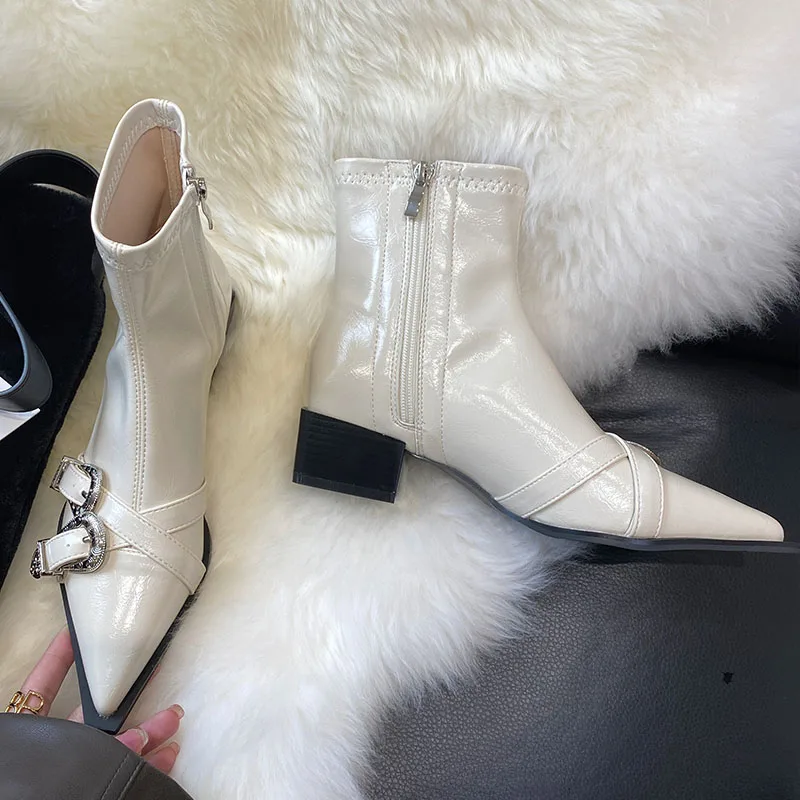 Female Fashion Pointed Toe Ladies Short Stretch Boots Shoes Footwear Designer Metal Buckle Women Ankle Boots With Low Heel Shoes