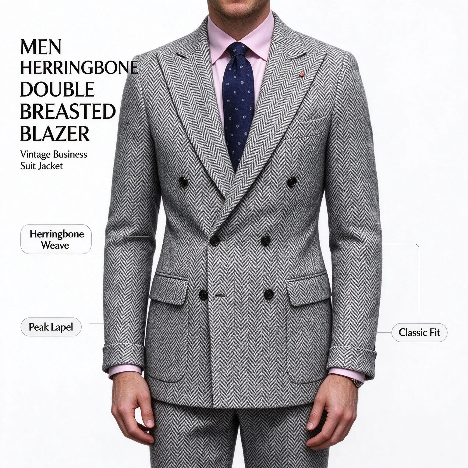 Men's Herringbone Two-Piece Suit Notch Lapel Single-Breasted Slim Fit Comfortable Waist Casual Elegant Business Suit Set Formal