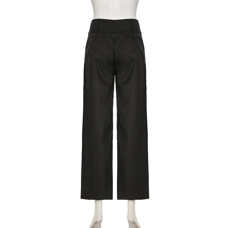 90s Retro Button Stripe Pants Women's Low Waist Loose Wide Leg Casual Pants Summer Street Style Y2k Aesthetic Suit Pants Straigh