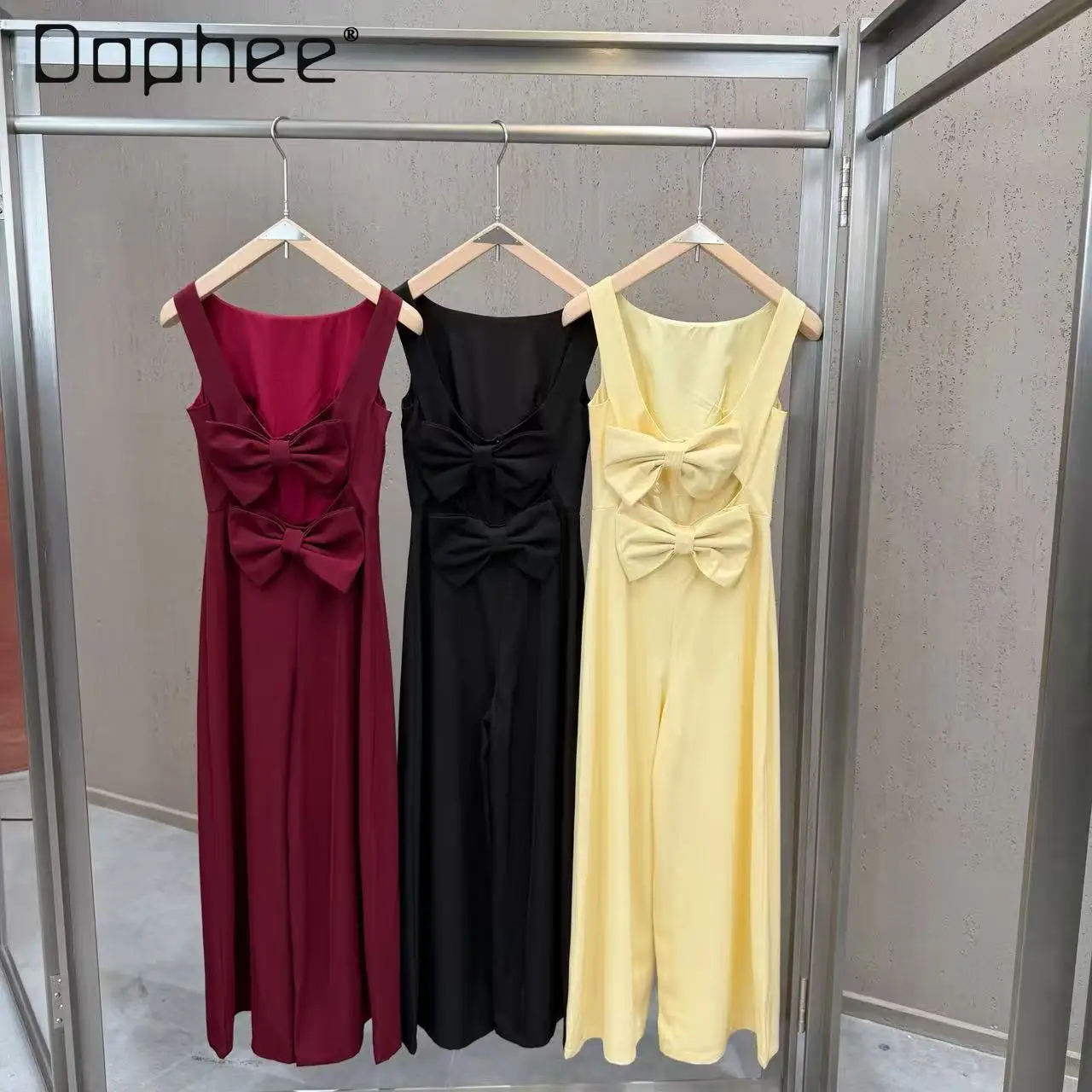 

French Temperament Elegant Style Sleeveless Jumpsuit Women V-neck Bow High Sense Slim Mid-length Socialite Evening Dresses