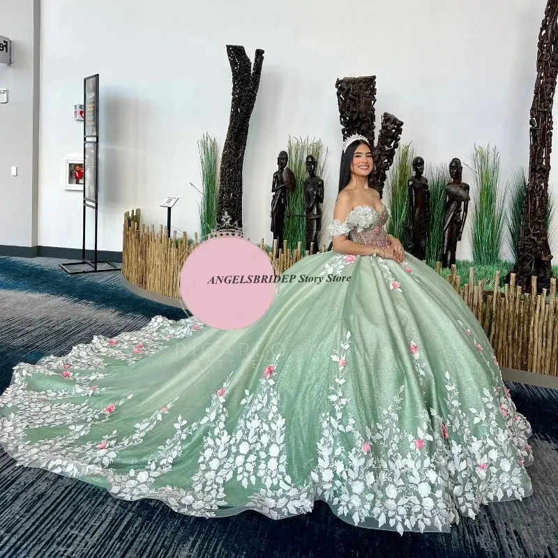 ANGELSBRIDEP Sage Green Ball Gown Quinceanera Dress Princess Appliques Lace Beading Tulle Birthday Pageant Vestidos De 15 Anos