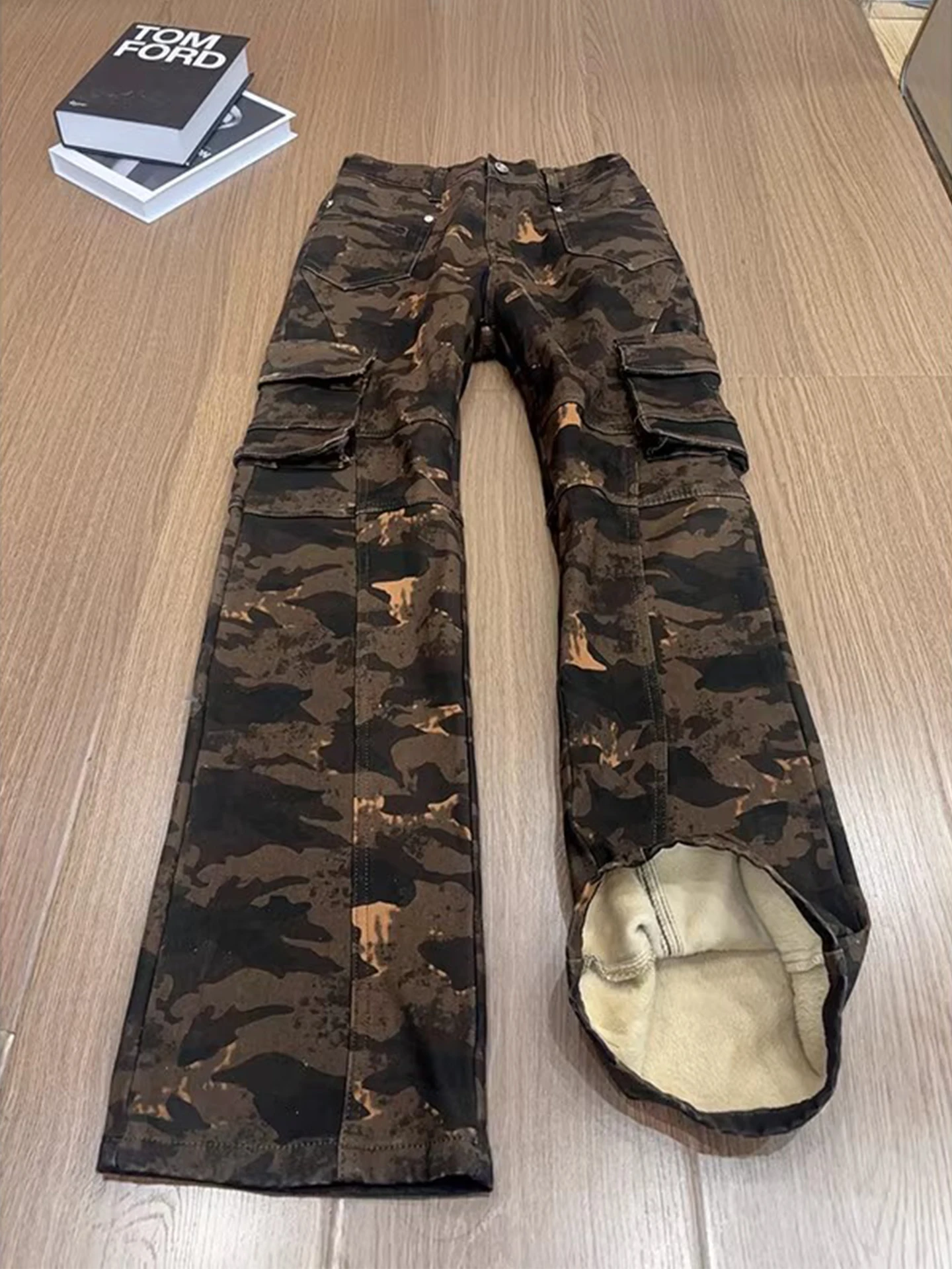 Camouflage Thiened Fce Men's Jeans Elastic Slim Straight Leg Micro Flared Pants Winter High Street Workwear Trousers