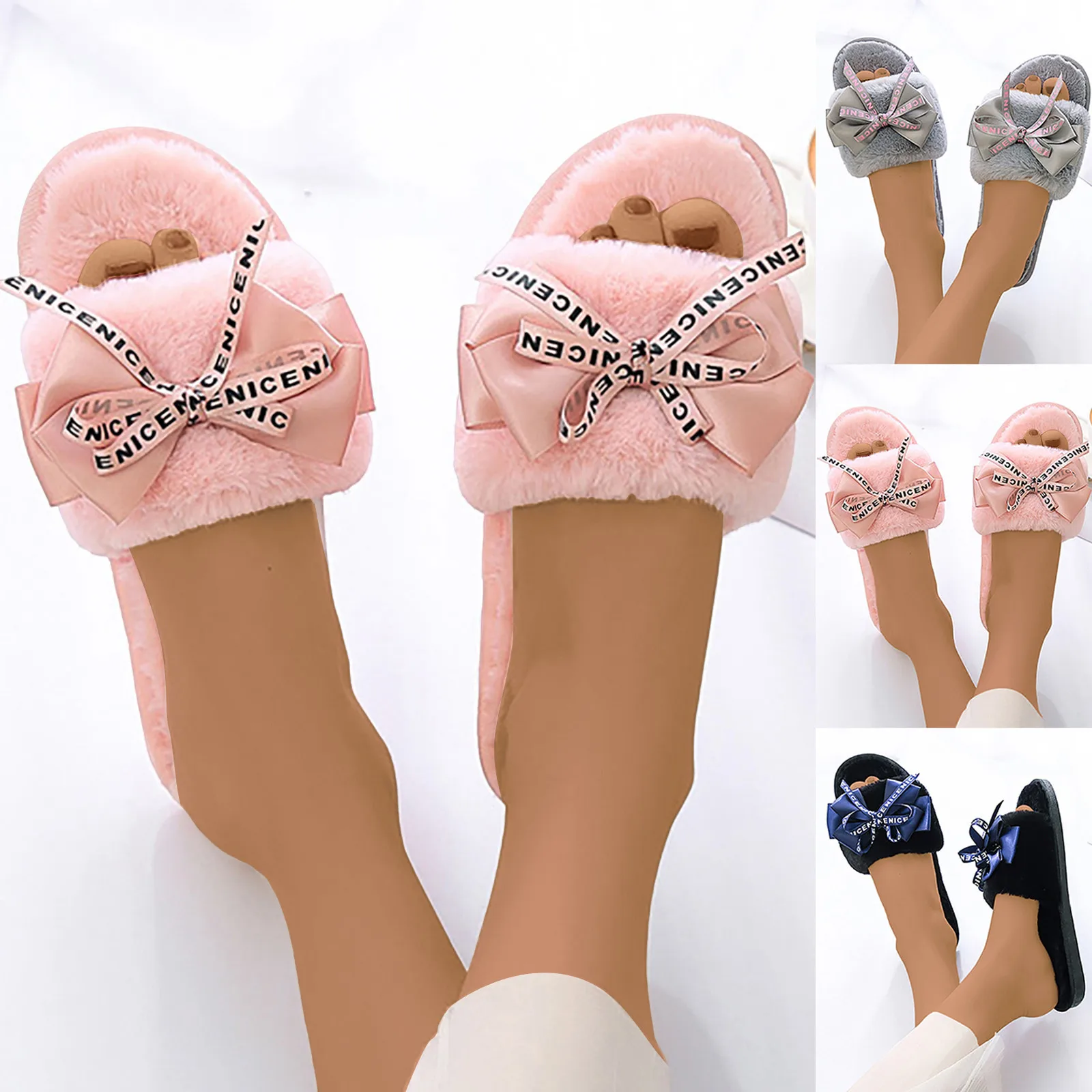 Dames Pluche Home Slippers Mode Nieuwe Stijl Kunstbont Warme Schoenen Platte Bodem Comfortabele Schattige Zoete 2024 Winter Slippers