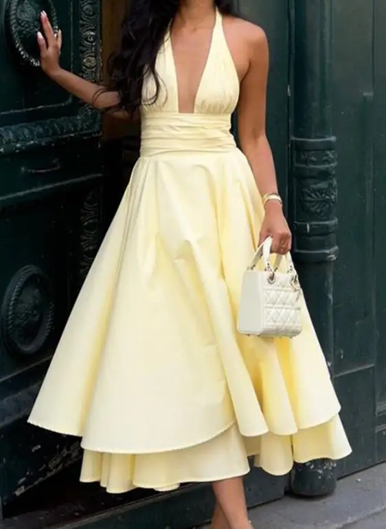 

Women's Dress 2025 Autumn/winter New Women's Fashion Elegant Solid Color Hanging Neck Collar Waist Princess Dress Women's Wear