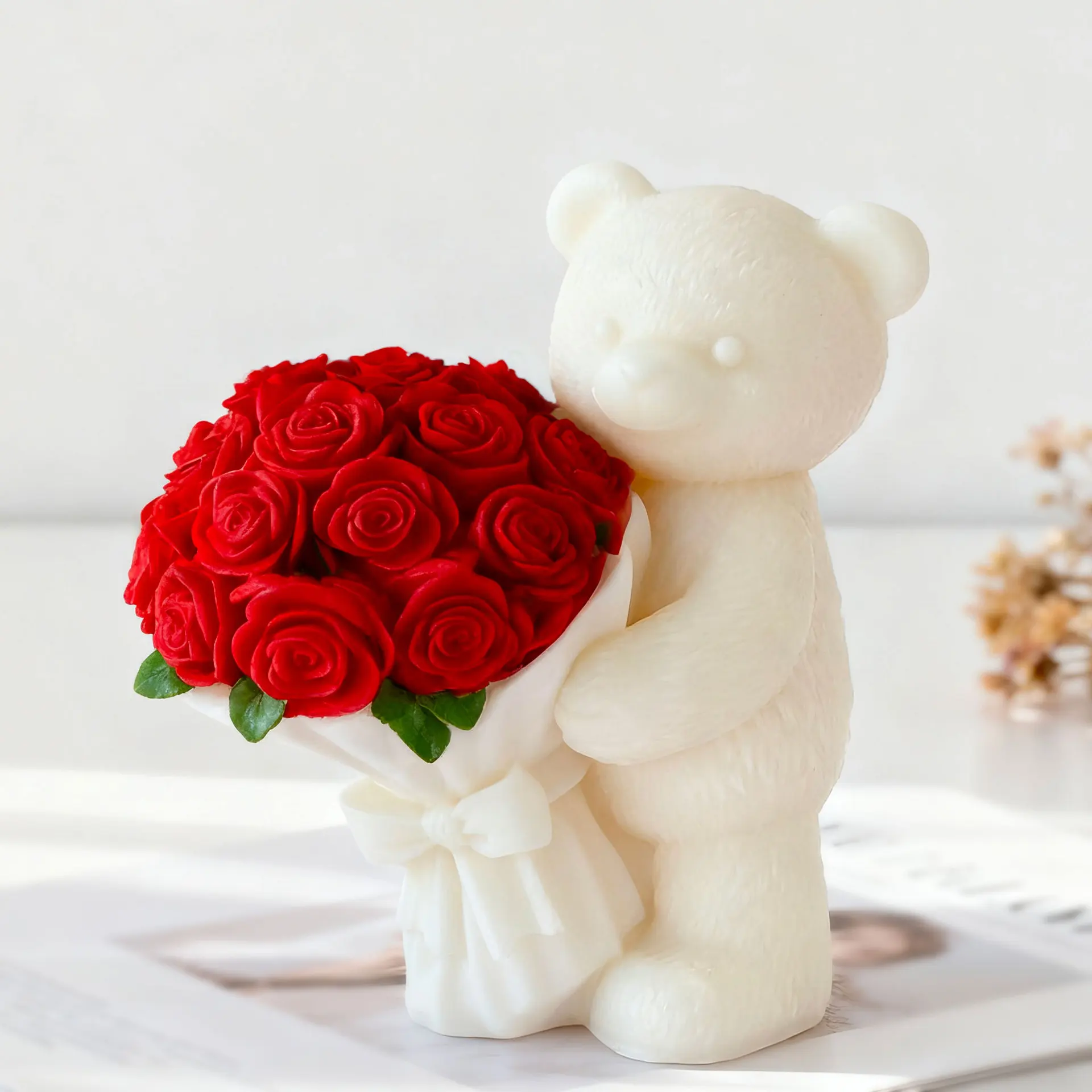 Fai da te San Valentino Bouquet di rose Orso Stampo in silicone Regalo fatto a mano Aroma Candela Stampi in gesso Orsi carini Forniture per la produzione di candele