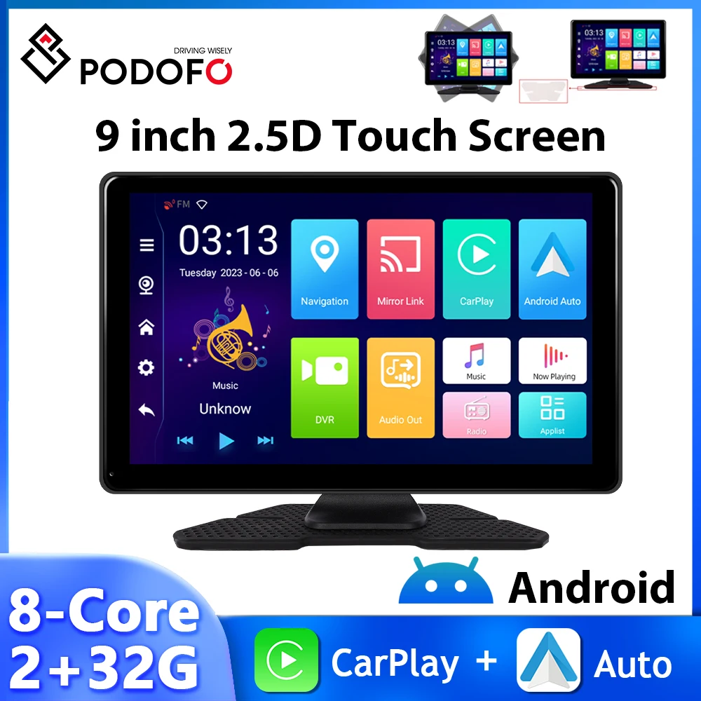 

Podofo 9Inch Car Monitor WIFI 2+32G Dashboard HD Screen Carplay Android Auto Dash Camera Smart Car System DVR Auto Car Stereo