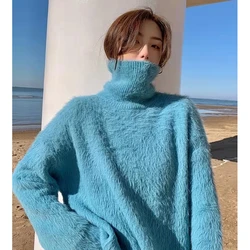 High-neck Mink Fleece Sweater for Women Autumn Winter 2025 Loose Thicken Knitted Turtleneck Female Solid Blue Women's Pullovers