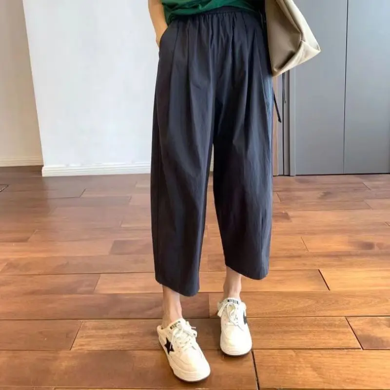 

Women Summer Casual Simplicity Loose Solid Color High Waist Appear Thin Wide Leg Women Clothes Casual All-match Cropped Pants