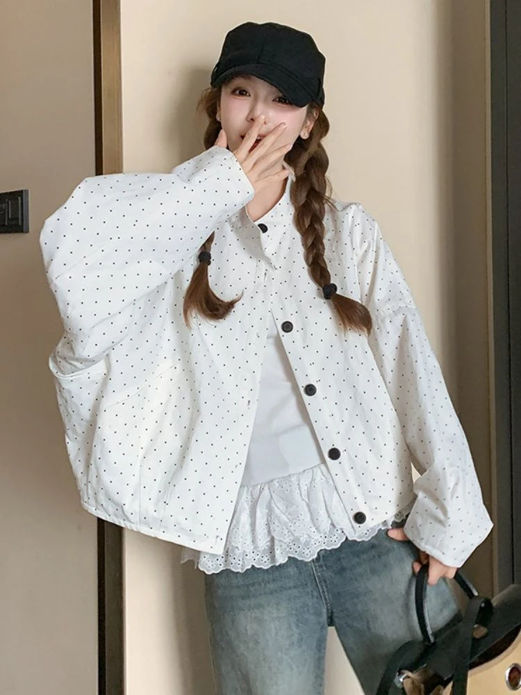 Tamanho grande 300 pou coreano sle casual solto bolinhas jaet feminino outono nova faion anti-envelhecimento gola jaet topo