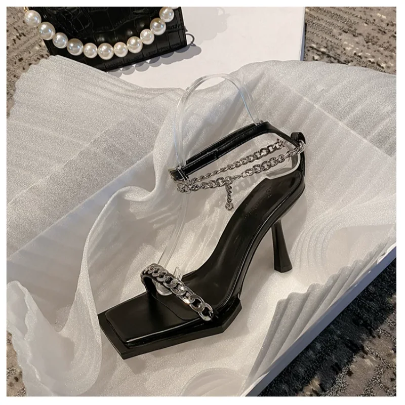 Summer new square open toe one-character metal chain sandals thin heel white patent leather dress high-heeled women's shoes