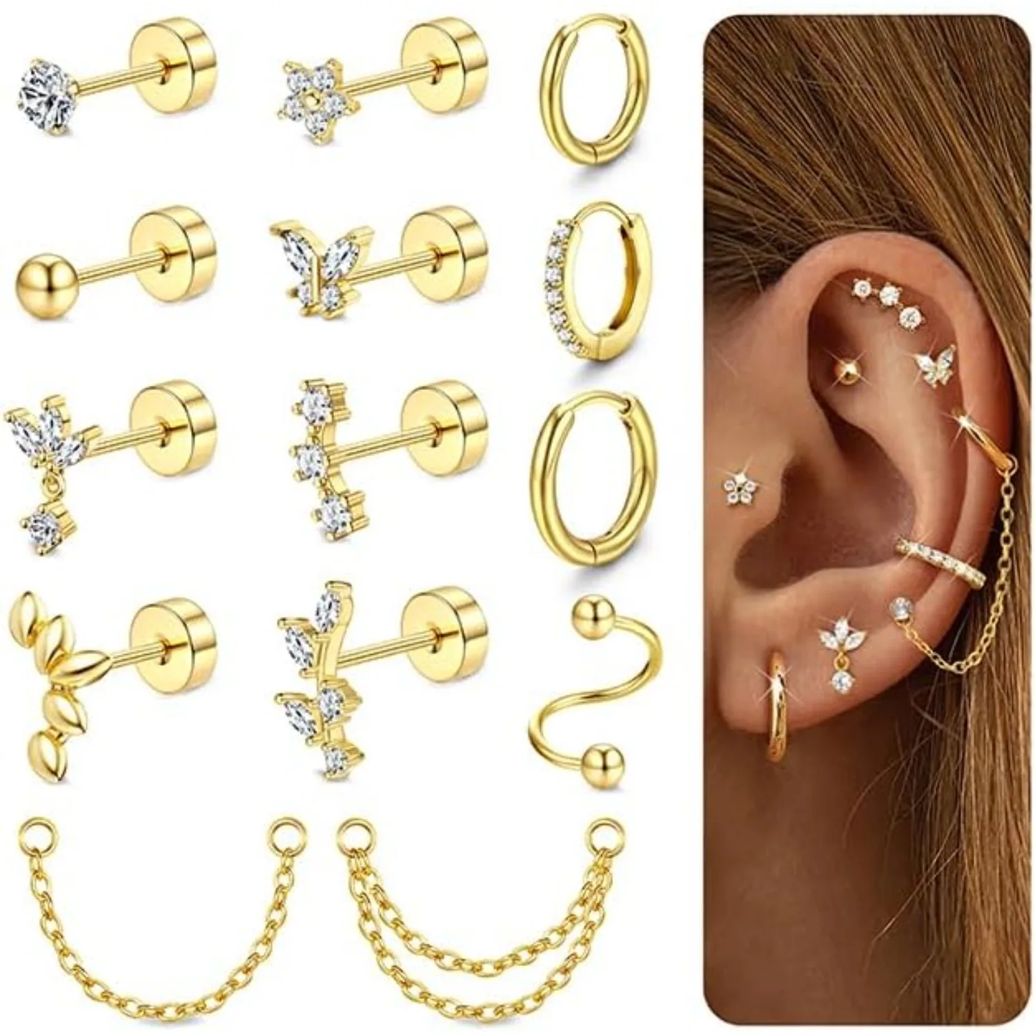 

Bobisty Cartilage Earrings for Women 14K Gold Plated Helix Piercing Jewelry Single Stainless Steel Stud Earring Hoops Stack Set