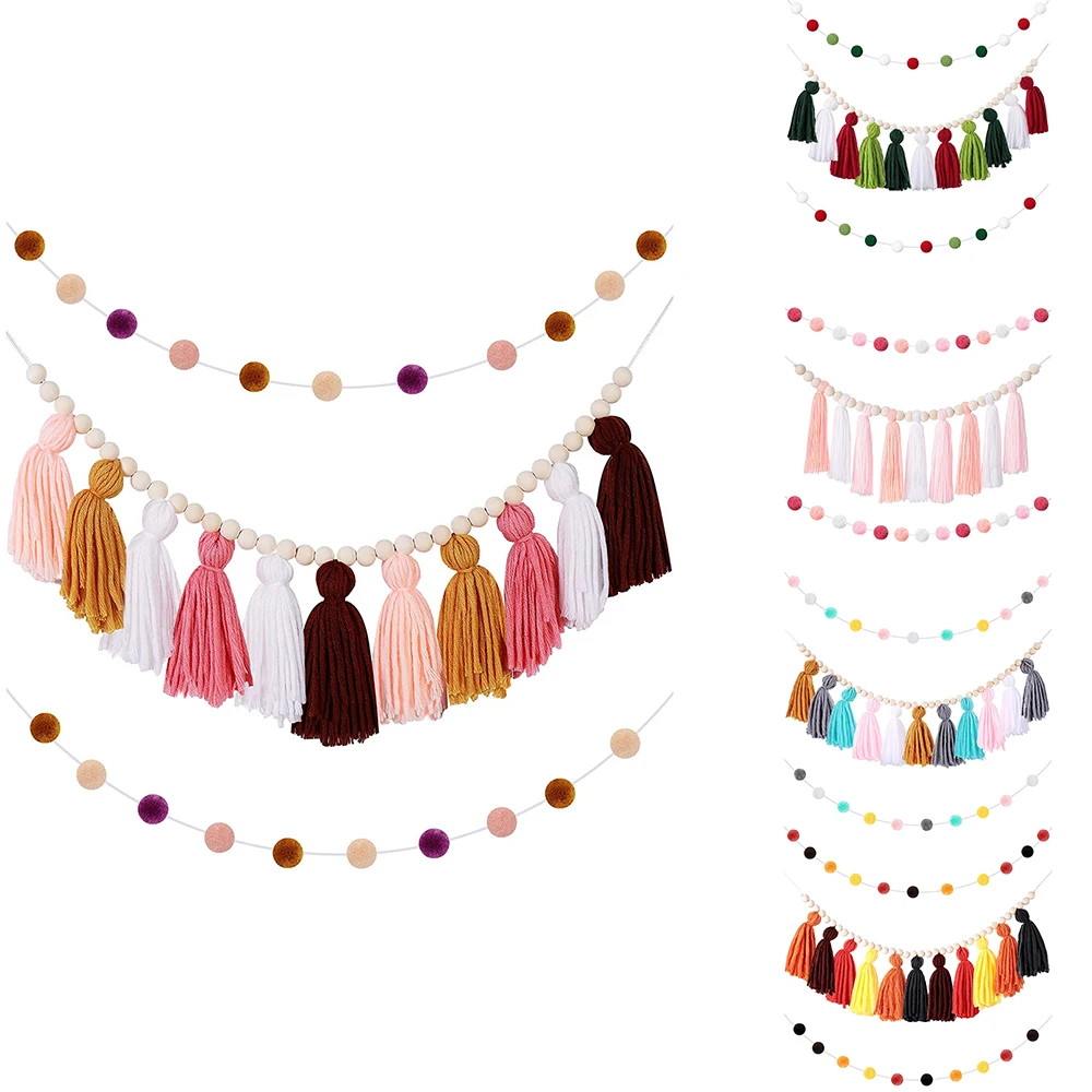 

Boho Tassel Garland Tassel Wall Hanging Decor Pastel Tassel Banner With Wood Beads And 2 Pieces Colorful Pom Pom