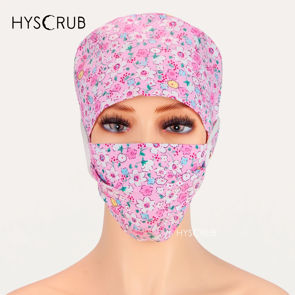 Rosa Blumendruck, Arzt, Krankenschwester, schützende Hygienekappe, Arbeitsuniform, Hut, medizinisches Gesundheitswesen, Staub, Peelings, Kappen und Maske