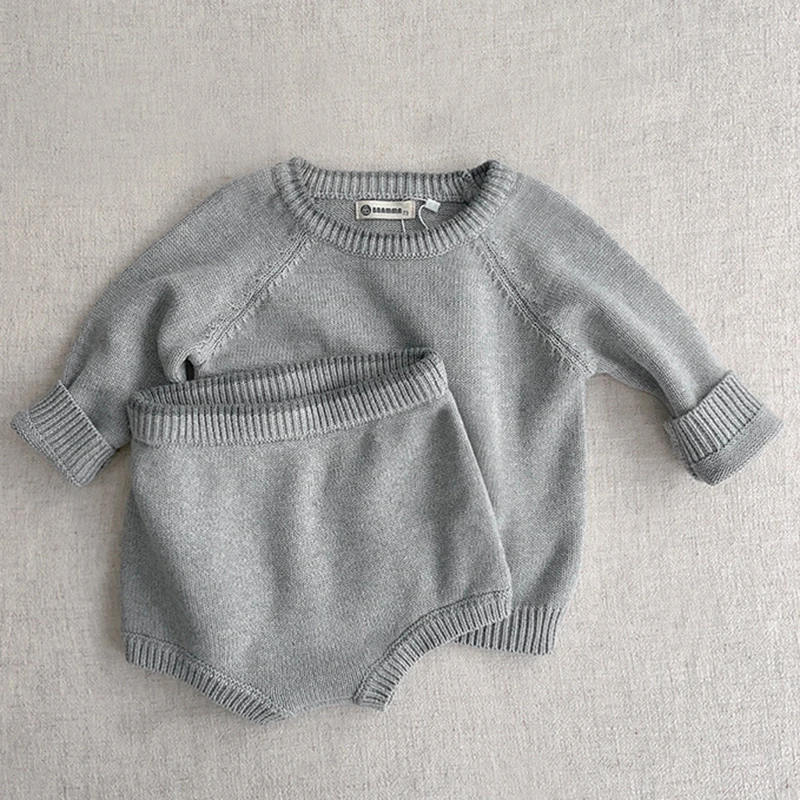 Korean Style Newborn Baby Boys Girls Clothing Set Long Sleeve Solid Color Knitted Pullover+Shorts Autumn Spring Clothes Suit