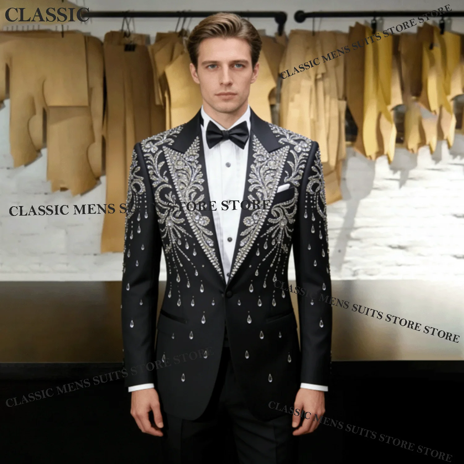 

Luxury Handsome Rhinestone Crystal Men Suit Customized Diamond Wedding Tuxedos Slim Ropa hombre 2 Pieces Sets Groom Male Blazers