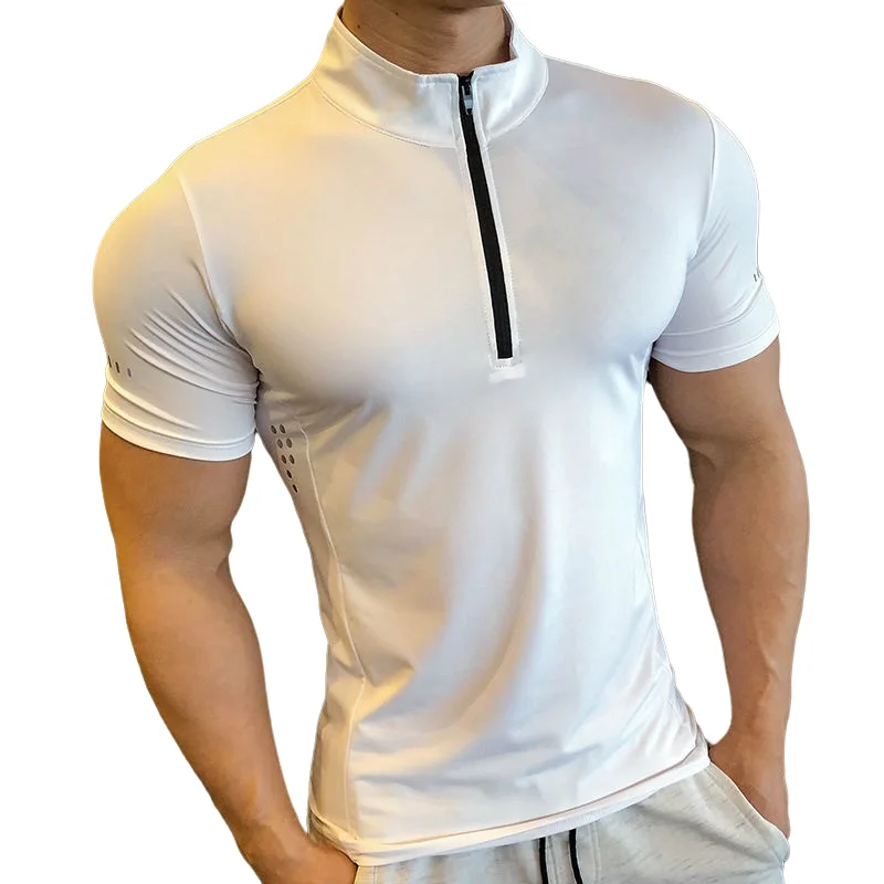 Pop Men's Fitness Ice Silk Sports Tight Tops Running Training Dry Fit Short Sleeve With Half Zip Bodybuilding Tee Muscle Fit T-s