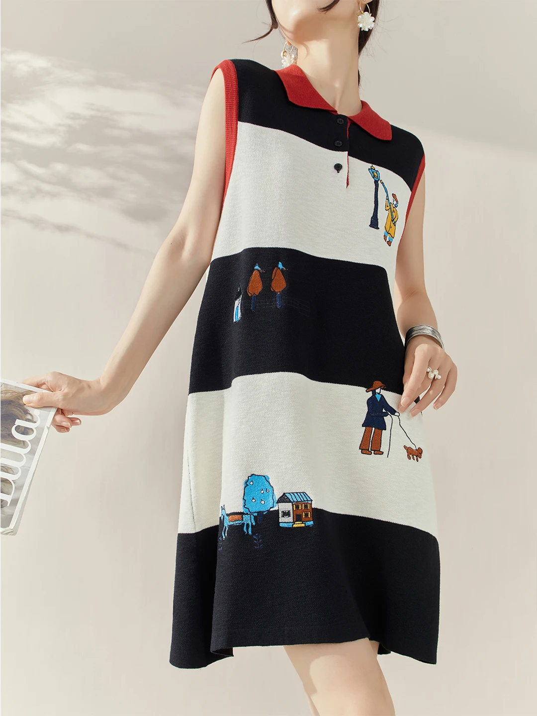 الفرنسية الأنيقة أزياء الرجعية الربط التلبيب المطرزة محبوك فساتين فضفاضة مستقيم أكمام تانك فستان قصير المرأة الصيف